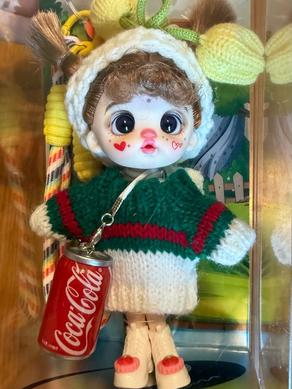 Cute Luolifen Mini Doll in Green & White Knit Sweater w/ Coca-Cola Can Accessory
